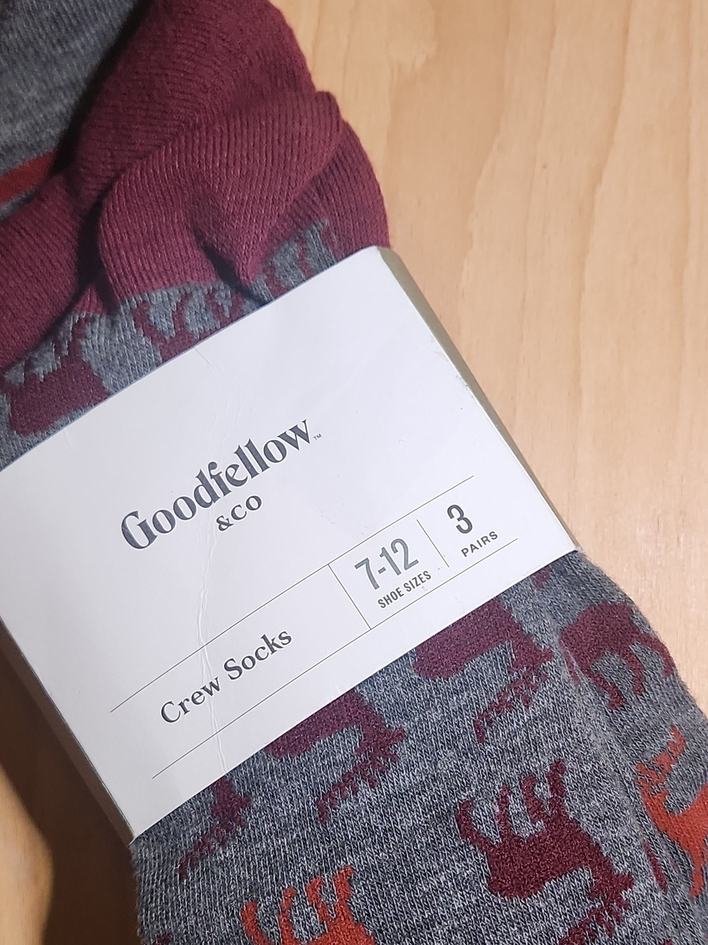 Goodfellow & Co Men's Crew Socks - Gray and Burgundy Moose Pattern (3 Pack)